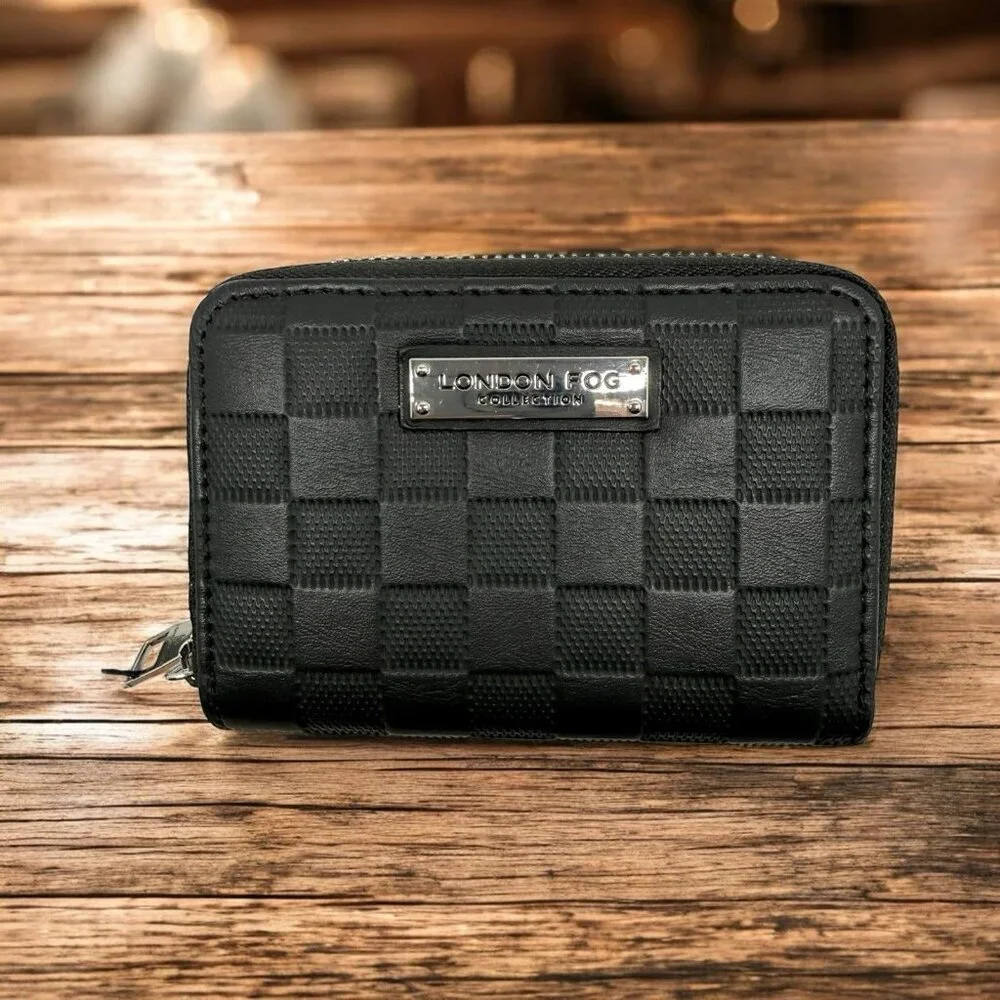 London Fog Dahlia Double Zip Wallet Black Check Zip Around NWT